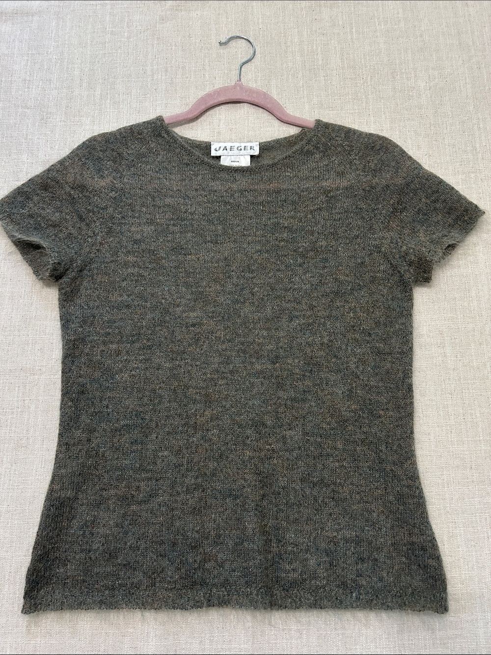 Jaeger Kid Mohair Blend Sweater Heather Olive Soft Airy Knit Crewneck Medium - Picture 12 of 16